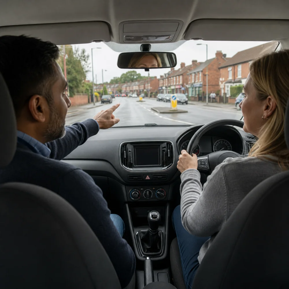 Refresher driving lesson with an instructor on a Birmingham road